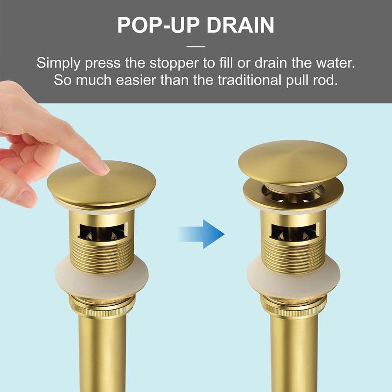 SHAMANDA Brass Bathroom Sink Drain, Vessel Vanity Sink Pop Up Drain Stopper with Overflow Lavatory Drain Assembly, Brushed Gold, DS101-3 - Image 2
