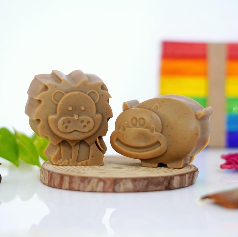 Sans Valley® Kids nalangu maavu bath soap | 100% Natural Handmade bathing bar | Cold Processed soap | Lion and Hippo shape (Pack of 2, 95 grams each) - Image 1