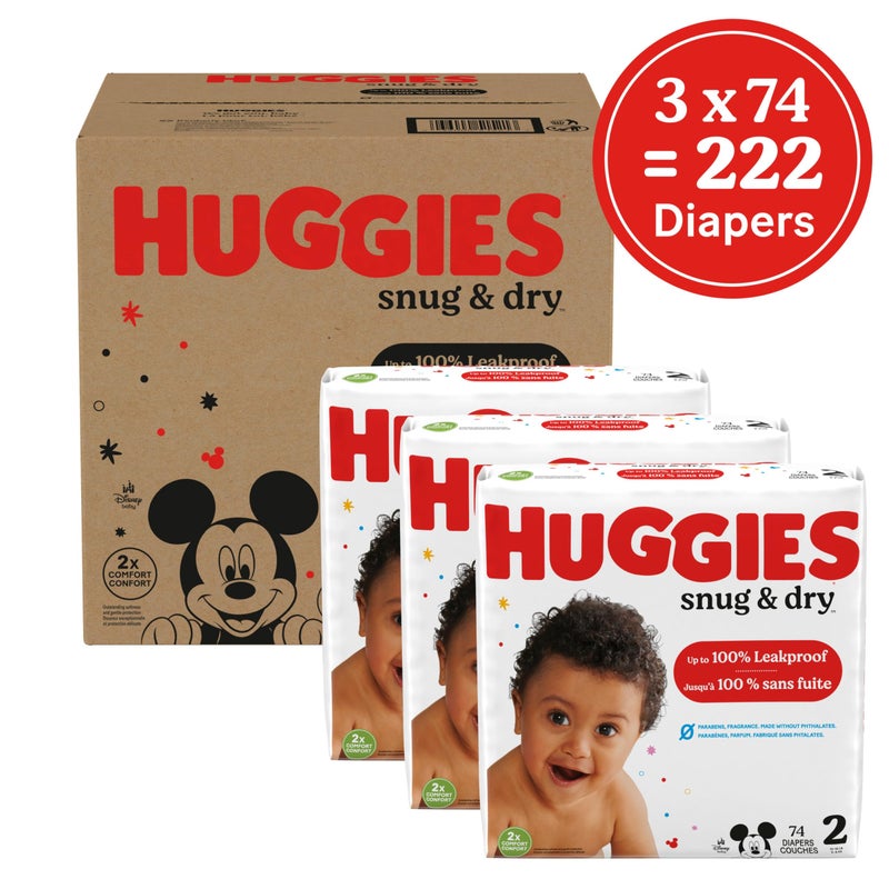Huggies Size 2 Diapers, Snug & Dry Baby Diapers, Size 2 (12-18 lbs), 222 Count (3 Packs of 74), Packaging May Vary - Image 2