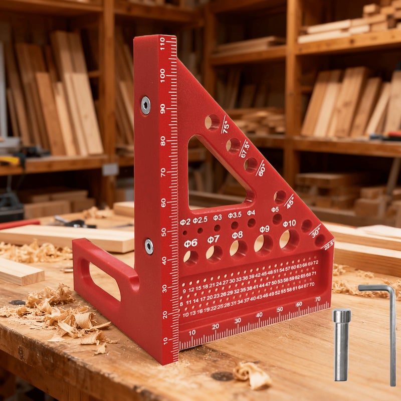 Red Carpenter Square ABS Protractor Ruler With 3D Multi Angle Measuring And Scribing Feature Anti Lost Pin For Accurate Woodworking And Construction 22.5 90 Degree Layout Tool - Image 1