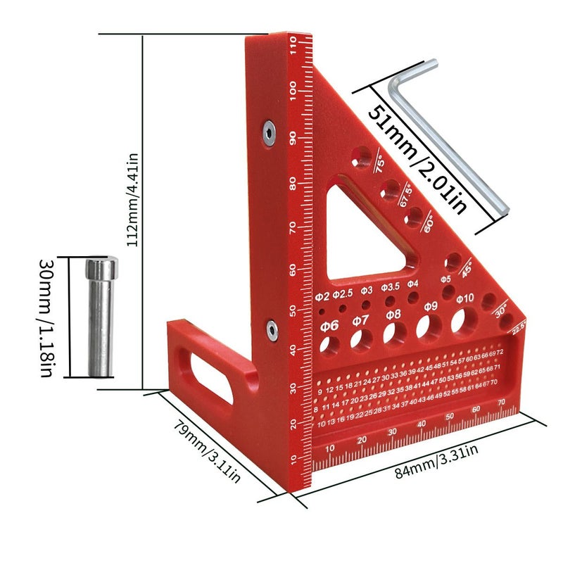 Red Carpenter Square ABS Protractor Ruler With 3D Multi Angle Measuring And Scribing Feature Anti Lost Pin For Accurate Woodworking And Construction 22.5 90 Degree Layout Tool - Image 3
