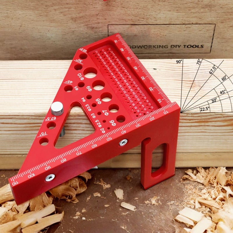 Red Carpenter Square ABS Protractor Ruler With 3D Multi Angle Measuring And Scribing Feature Anti Lost Pin For Accurate Woodworking And Construction 22.5 90 Degree Layout Tool - Image 2