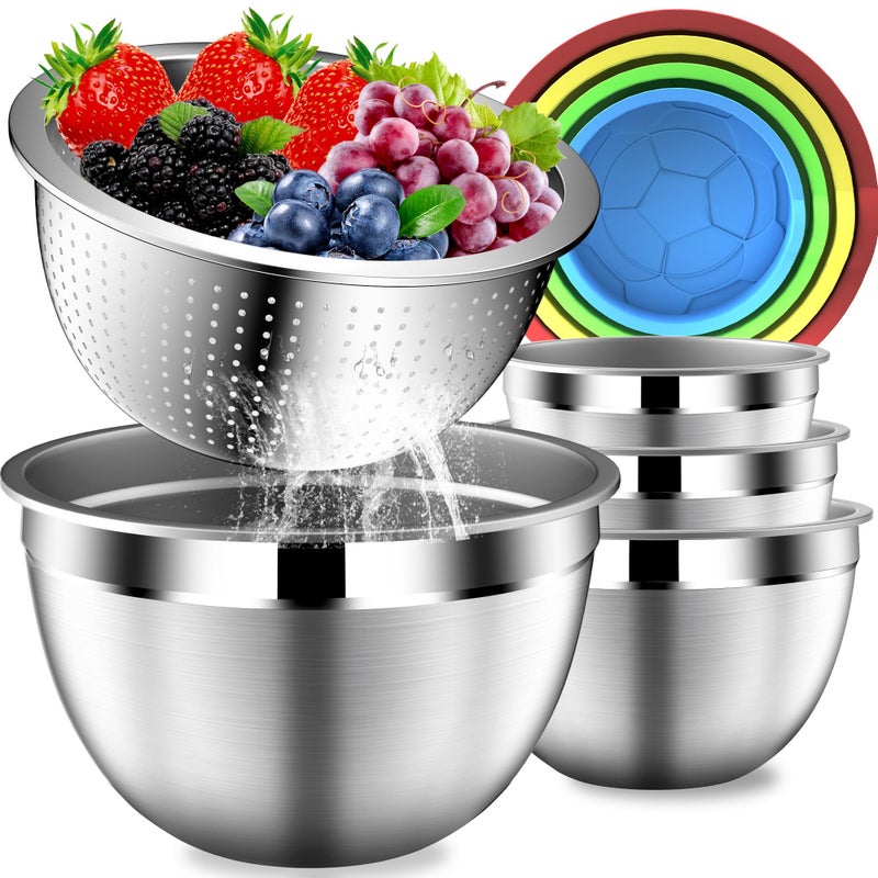 DUTZUN Mixing Bowl Set and Colander - Stainless Steel Mixing Bowls - Mixing Bowls with Lids Set - Kitchen Gadgets 2024 Nesting Salad Bowls with Strainer for Mixing & Preping & Baking, Multicolor - Image 1