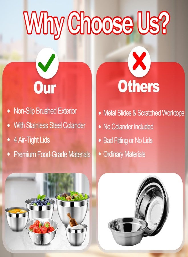 DUTZUN Mixing Bowl Set and Colander - Stainless Steel Mixing Bowls - Mixing Bowls with Lids Set - Kitchen Gadgets 2024 Nesting Salad Bowls with Strainer for Mixing & Preping & Baking, Multicolor - Image 3
