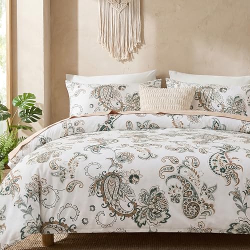 Cozaline 100% Cotton Duvet Cover King Size, Green Paisley Bedding Set with Zipper Closure, 3 Pcs Breathable and Soft Duvet Cover for All Season - Image 1