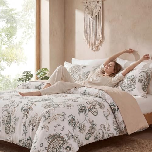 Cozaline 100% Cotton Duvet Cover King Size, Green Paisley Bedding Set with Zipper Closure, 3 Pcs Breathable and Soft Duvet Cover for All Season - Image 4