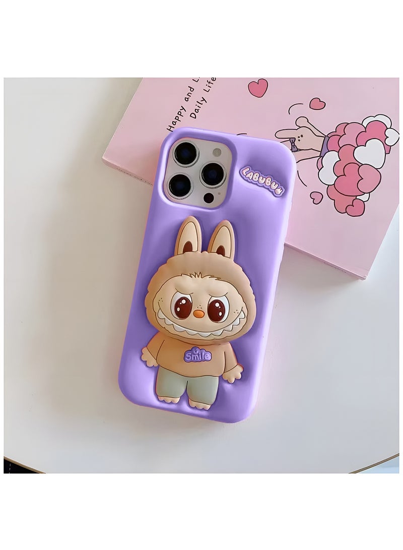 Wtech Apple iPhone 16 Pro 5G 2024 3D Labubu Cartoon Pop Case, Premium Soft Liquid Jelly Silicone Case with Phone Holder Cool Full Protective Cute Aesthetic Case Cover - Lavender - Image 2