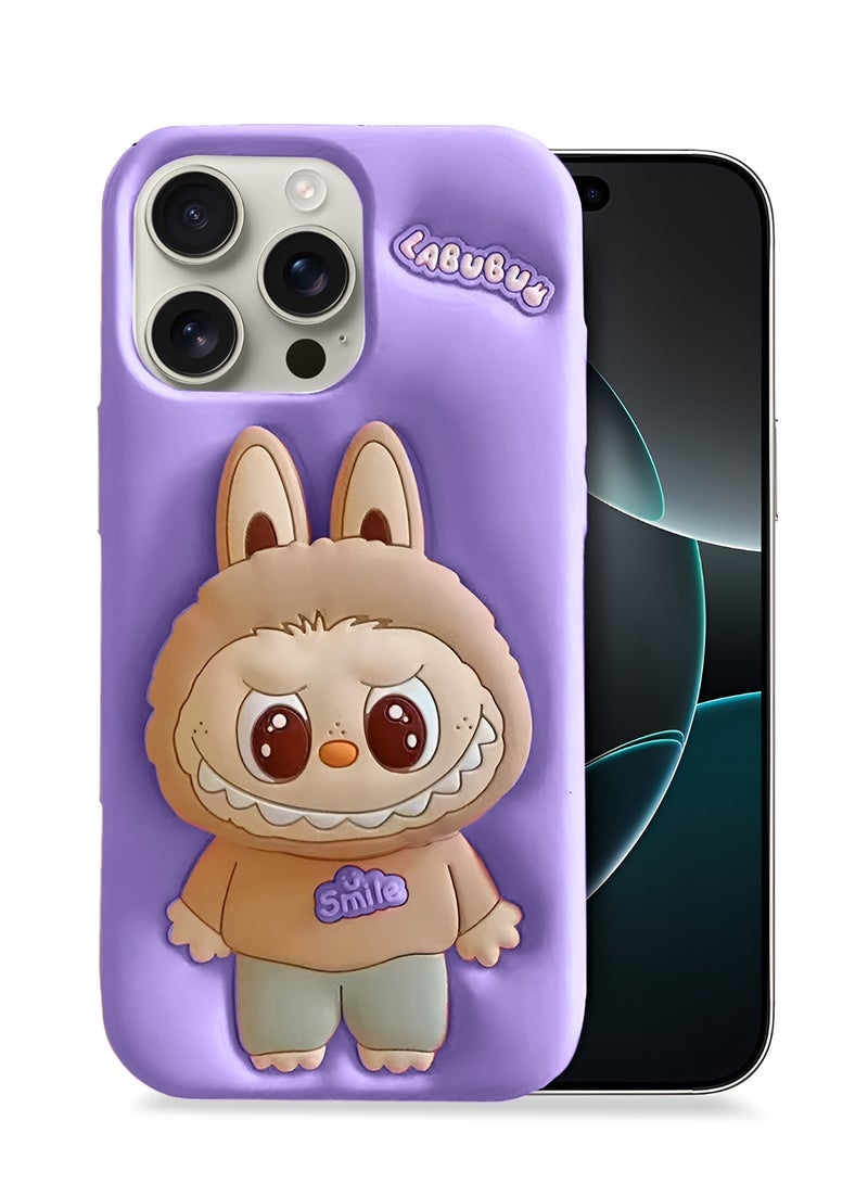 Wtech Apple iPhone 16 Pro 5G 2024 3D Labubu Cartoon Pop Case, Premium Soft Liquid Jelly Silicone Case with Phone Holder Cool Full Protective Cute Aesthetic Case Cover - Lavender - Image 1