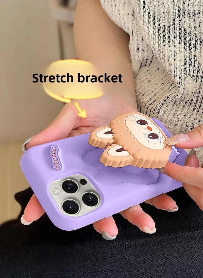 Wtech Apple iPhone 16 Pro 5G 2024 3D Labubu Cartoon Pop Case, Premium Soft Liquid Jelly Silicone Case with Phone Holder Cool Full Protective Cute Aesthetic Case Cover - Lavender - Image 3