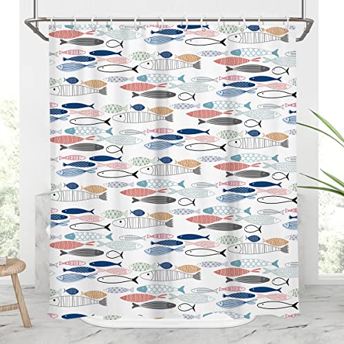 AAtter Kids Fish Shower Curtain Funny Colorful Boys Girls Ocean Beach Nautical Coastal Fun Cute Toddler Sea Animal Beachy Navy Blue White Home Bathroom Decor Bathtub Set with 12 Hooks 60x72 Cartoon