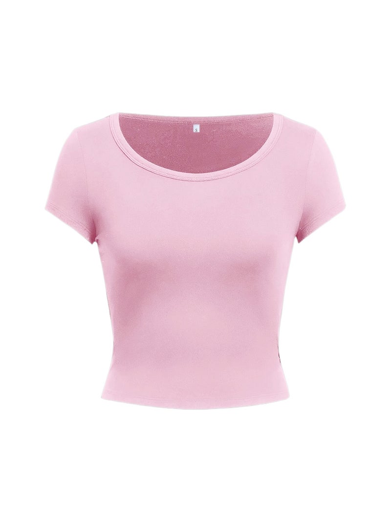 Women's Slim - Fit Solid Color Round Neck T - Shirt - Minimalist Casual Top Suitable for Spring Summer Fall - Medium - Stretch Blouse for, Semi - Formal & Casual Attire - Pink / XS - Image 1