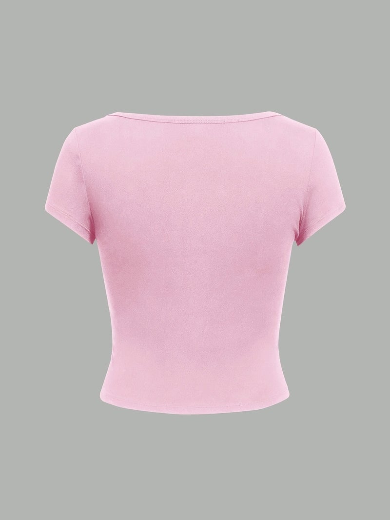 Women's Slim - Fit Solid Color Round Neck T - Shirt - Minimalist Casual Top Suitable for Spring Summer Fall - Medium - Stretch Blouse for, Semi - Formal & Casual Attire - Pink / XS - Image 2