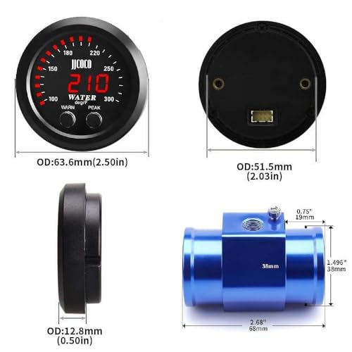 ZHSYMX Universal 52mm Water Temperature Gauge with Alarm and 1/8 Npt Sensor Car Digital Meter Red Display Green Ambient Light Temp 100-300F(-17~187C) - Image 2