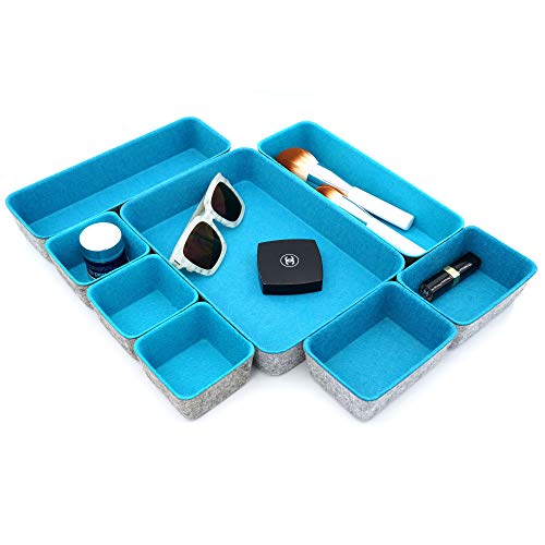 Welaxy desk drawer organizer tray felt storage bin for home office entryway catchall key holder makeup crafts pens decluttering 8-piece fall gift (Turquoise) - Image 1