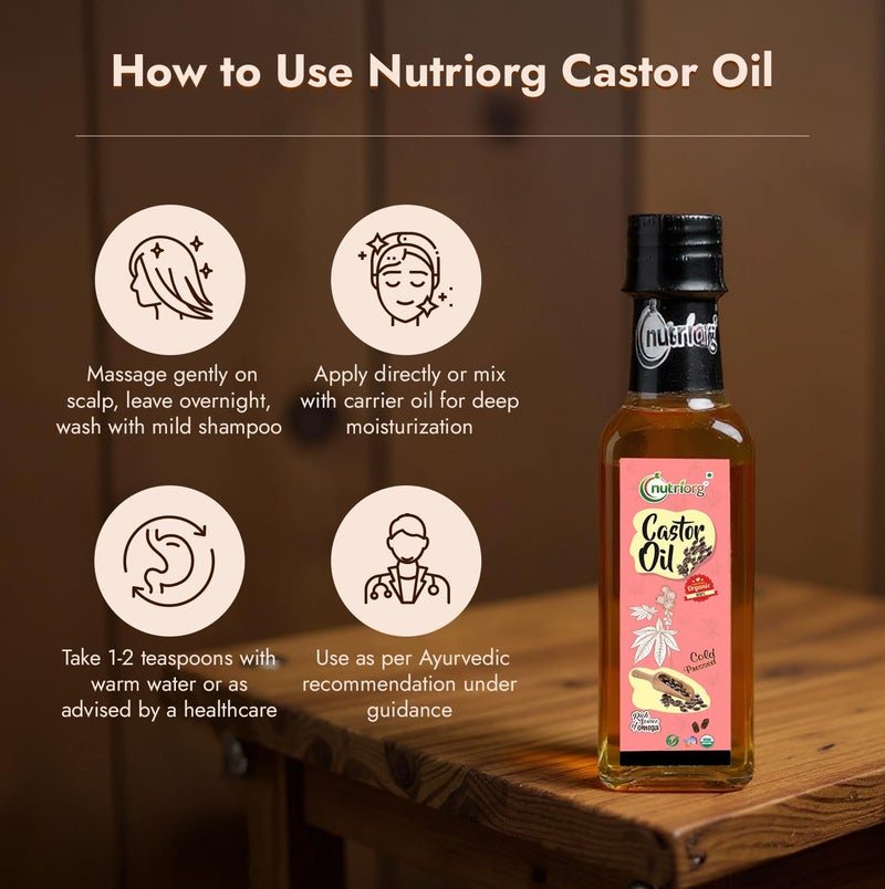 Nutriorg Organic Castor Oil 200 ml (Pack of 2 * 100 Each) | With Deep Nourishing Properties | Can be used for Hair & Skin - Image 5