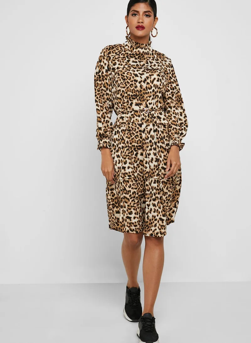 ELLA Leopard Print Ruffle Trim Belted Midi Dress