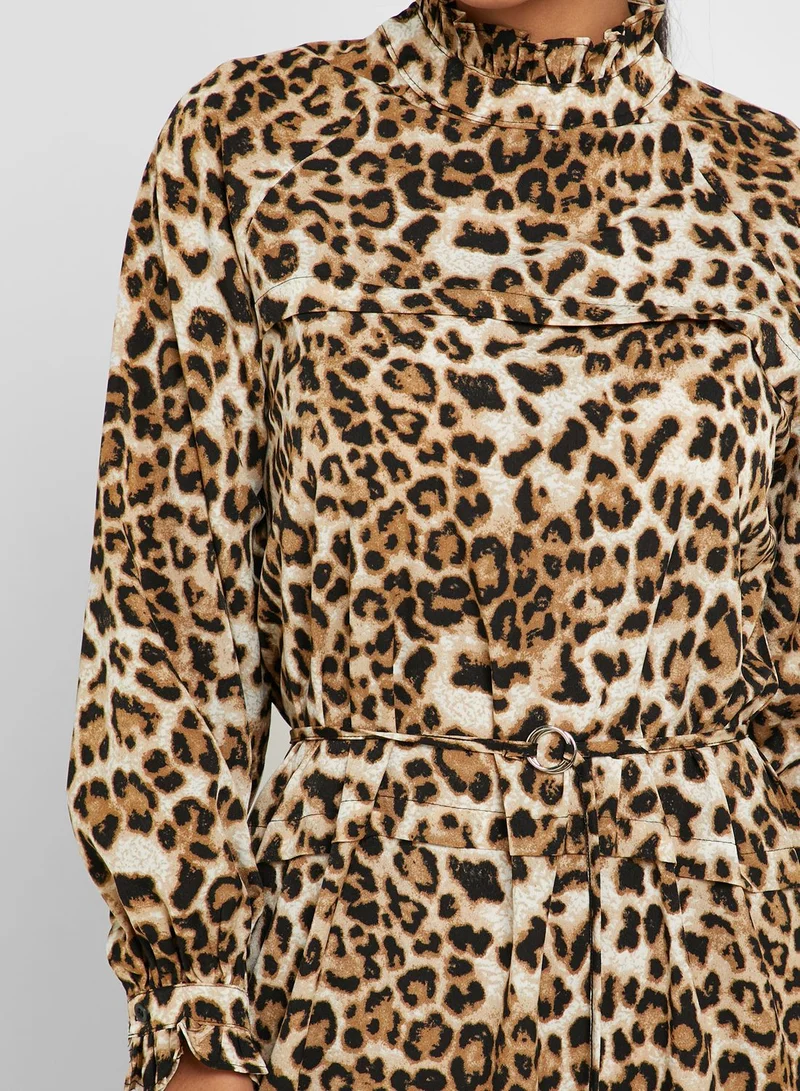 ELLA Leopard Print Ruffle Trim Belted Midi Dress