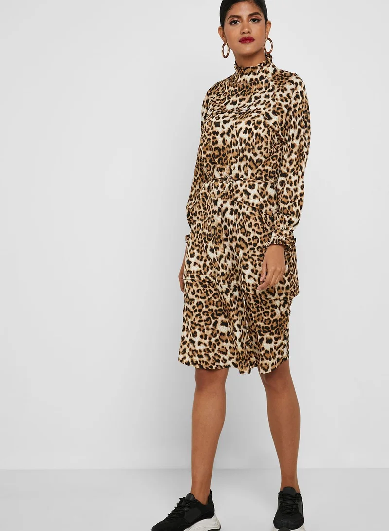 ELLA Leopard Print Ruffle Trim Belted Midi Dress