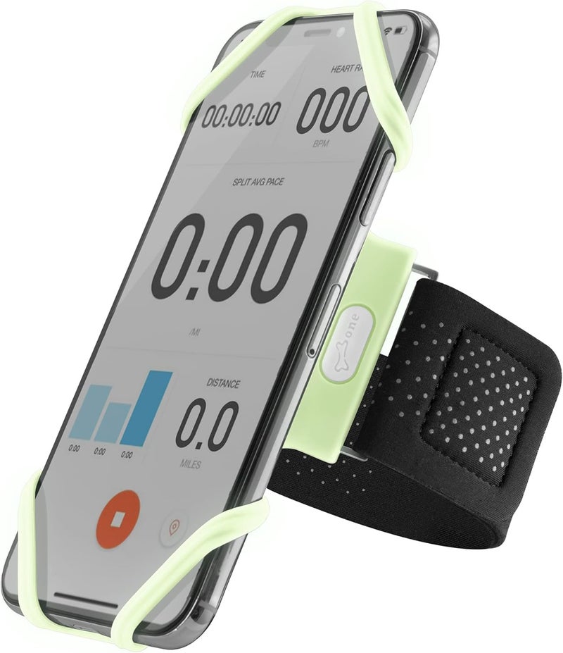 BONE COLLECTION Bone Run Tie, Running Cell Phone Holder, Skin-Friendly & Washable Silicone Sport Armband, Universal Workout Phone Carrier Compatible with Most Smartphone (Luminous - Size L/Arm Size 9.8-15.7") - Image 1