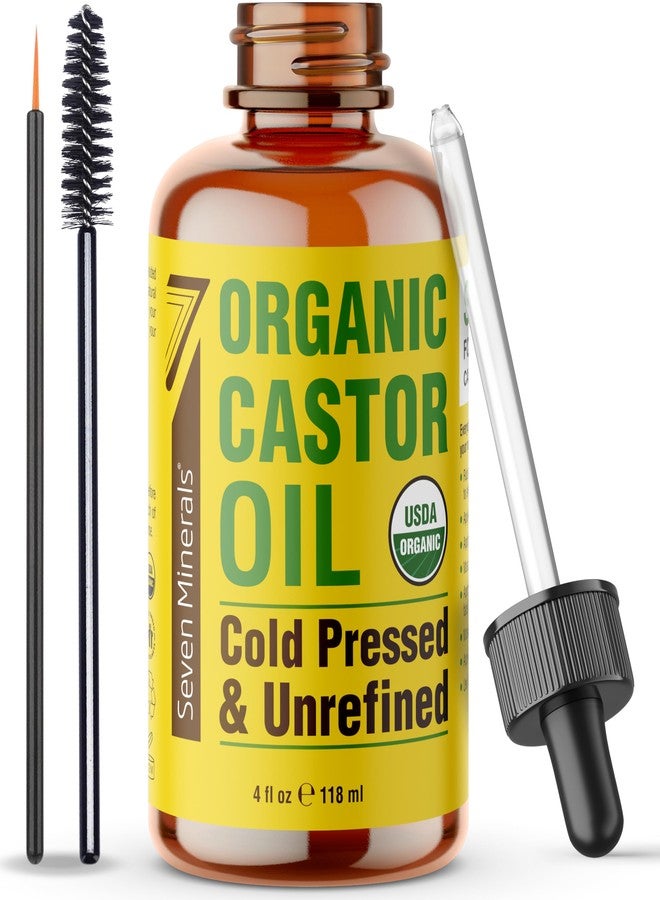 Seven Minerals 4oz Organic Castor Oil for Eyelashes, Eyebrows, Face & Hair Growth - Glass Bottle, Cold Pressed & Hexane Free - 100% Pure - Hydrates & Boosts Natural Hair, Ordinary Lash & Brow Growth - Image 1