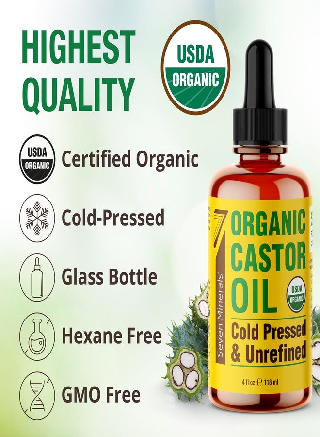 Seven Minerals 4oz Organic Castor Oil for Eyelashes, Eyebrows, Face & Hair Growth - Glass Bottle, Cold Pressed & Hexane Free - 100% Pure - Hydrates & Boosts Natural Hair, Ordinary Lash & Brow Growth - Image 3