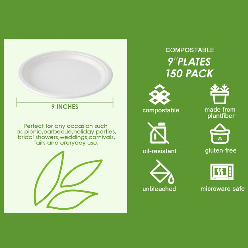 Vplus 150 Pack Paper Plates 9 inch 100% Compostable, Heavy-Duty Disposable Paper Plates Bagasse Natural Biodegradable Eco-Friendly Sugarcaneï¼ˆWhiteï¼‰ - Image 3