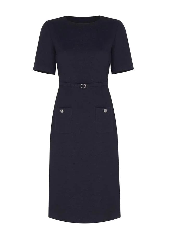 Mısırlı 1951  Navy Belt and Pocket Detailed Short Sleeve Dress. for Women | Best Price UAE