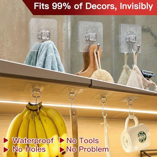 Latoxcaa Large Adhesive Hooks 8-Pack, Heavy Duty 44lb(Max) Wall Hooks for Bathroom, Outdoor, Strong Self-Adhesive Towel & Coat Hooks, Waterproof Transparent Utility Hooks for Home Improvement - Image 2