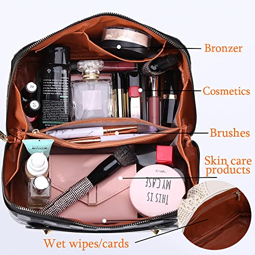 Cessfle Large Capacity Travel Cosmetic Bag Plaid Checkered Makeup Bag Portable Leather Waterproof Skincare Bag with Handle and Divider for Women 01-Black - Image 5