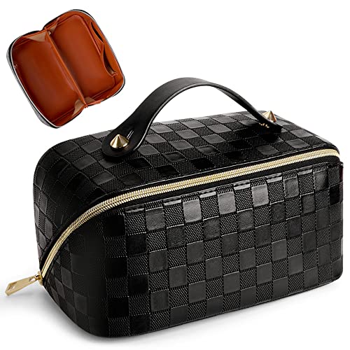 Cessfle Large Capacity Travel Cosmetic Bag Plaid Checkered Makeup Bag Portable Leather Waterproof Skincare Bag with Handle and Divider for Women 01-Black - Image 1