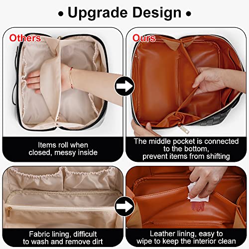 Cessfle Large Capacity Travel Cosmetic Bag Plaid Checkered Makeup Bag Portable Leather Waterproof Skincare Bag with Handle and Divider for Women 01-Black - Image 4