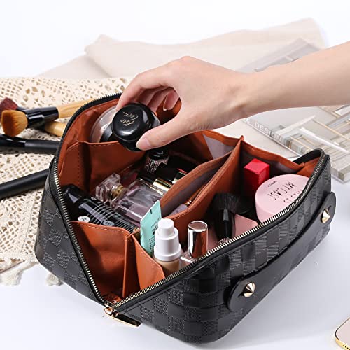 Cessfle Large Capacity Travel Cosmetic Bag Plaid Checkered Makeup Bag Portable Leather Waterproof Skincare Bag with Handle and Divider for Women 01-Black - Image 3