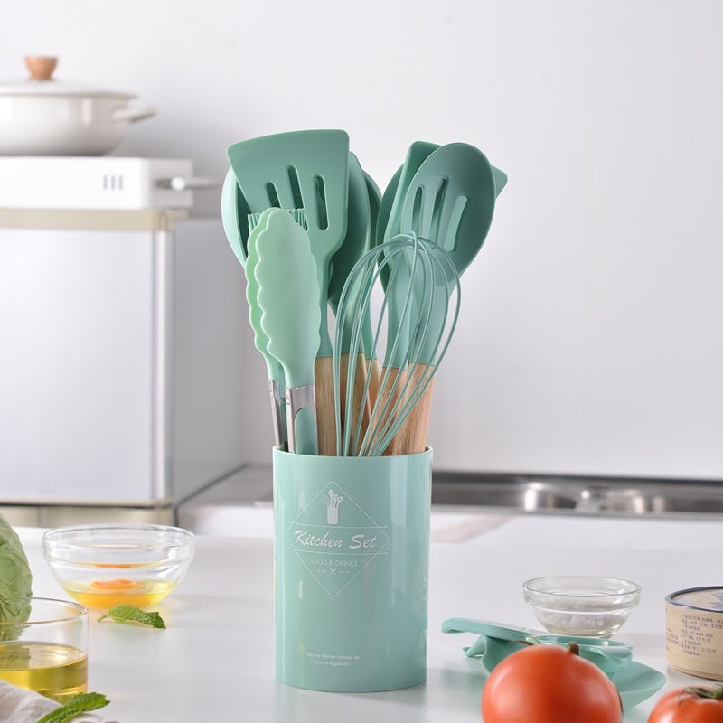Silicone Kitchenware 14-Piece Green Set - Food-Grade Silicone & Log Wood Handle Heat-Resistant Kitchen Tools for Home Cooking Baking Food Preparation - Image 2