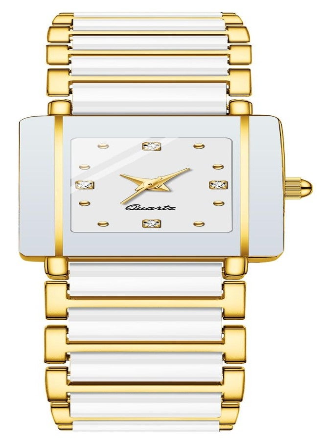 BESTKANG Vintage Square Ceramic Ladies Quartz Watch with Diamond Accents, Waterproof, Elegant Women's Wrist Watch, White Gold, fashion - Image 1