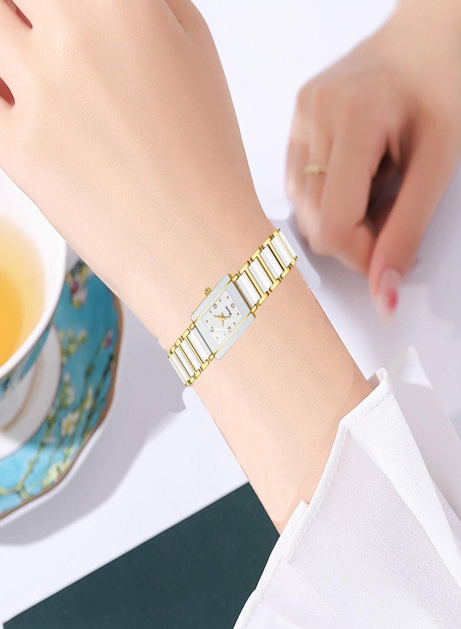 BESTKANG Vintage Square Ceramic Ladies Quartz Watch with Diamond Accents, Waterproof, Elegant Women's Wrist Watch, White Gold, fashion - Image 3