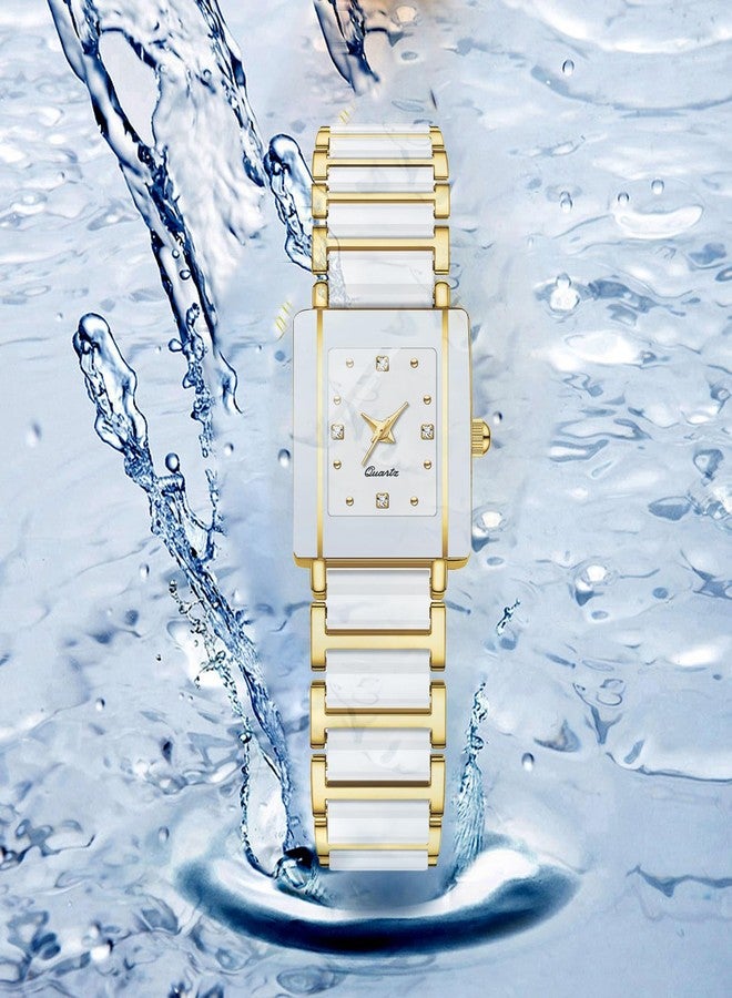 BESTKANG Vintage Square Ceramic Ladies Quartz Watch with Diamond Accents, Waterproof, Elegant Women's Wrist Watch, White Gold, fashion - Image 4
