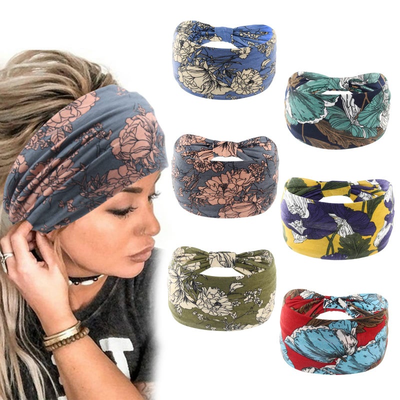 Yeshan Boho Bandeau headbands for Women Wide Bandana Knot Hair Scarf Floral Printed African Hair Bands Elastic Turban Thick Head Wraps Stretch Cotton Head Bands,Pack of 6 - Image 1