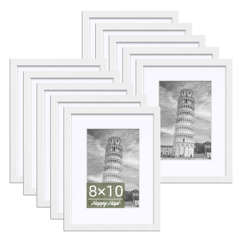 HappyHapi 8x10 Picture Frames Set of 10 5x7 with Mat or 8x10 Without Mat Tabletop or Wall Display for Photos Paintings Posters ArtworkWhite