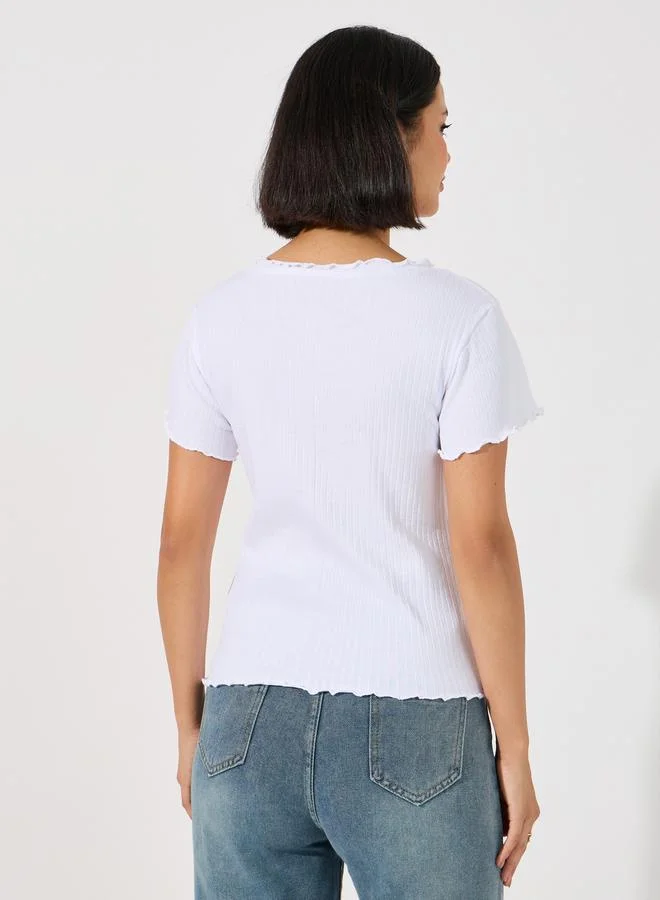 Styli Lettuce Edge Rib Knit Top with Button Detail