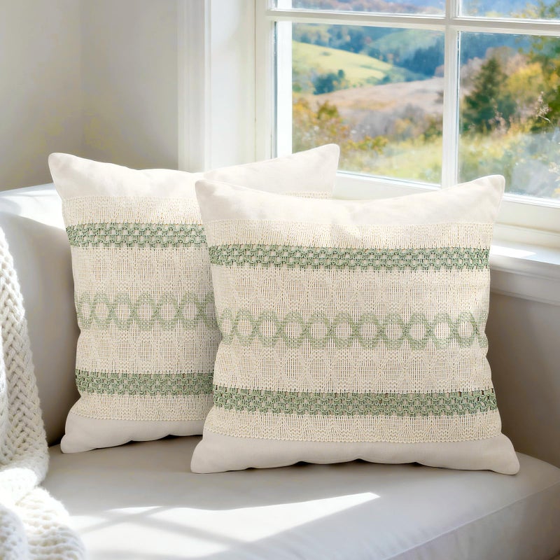 Hibate Set of 2 Sage Green Boho Throw Pillow Covers 18x18 Inch Decorative Cushion Covers for Couch Bed Sofa Chair Cotton Macrame DÃ©cor Decorations (Type B) - Image 1
