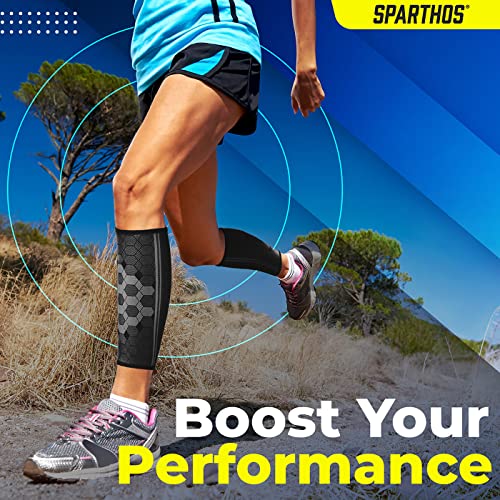 Sparthos Calf Compression Sleeve (Pair) – Leg Compression Brace for Men and Women – Shin Splint Calf Pain Relief Calves Blood Circulation Sports Support Running Walking Cycling Yoga (Black-M) - Image 2