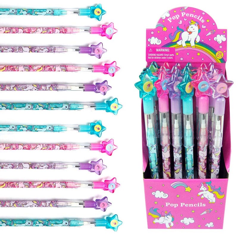TINYMILLS 24 Pcs Unicorn Stackable Push Pencil Assortment with Eraser for Unicorn Pink Birthday Party Favor Prize Carnival Goodie Bag Stuffers Classroom Rewards Pinata Fillers - Image 1