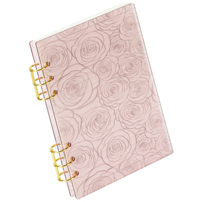 MultiBey A5 Binder 6-Ring Frosted Acrylic Binder Notebook Cover, Gold Metal Round Ring with 45 Sheets Lined Inner Papers, A5 Planner Budget Binder (Pink Rose) - Image 1