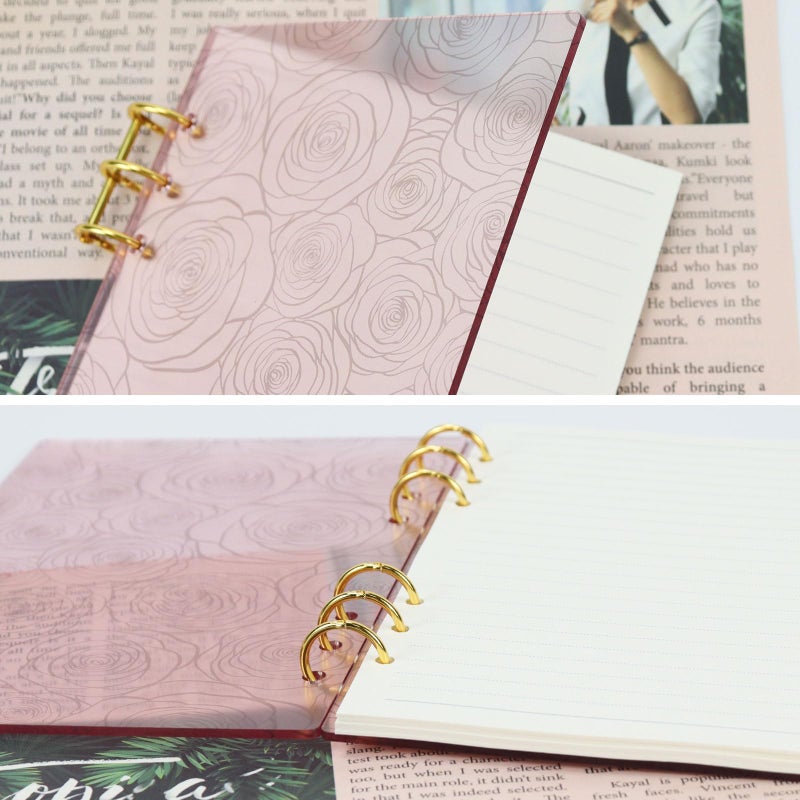 MultiBey A5 Binder 6-Ring Frosted Acrylic Binder Notebook Cover, Gold Metal Round Ring with 45 Sheets Lined Inner Papers, A5 Planner Budget Binder (Pink Rose) - Image 3
