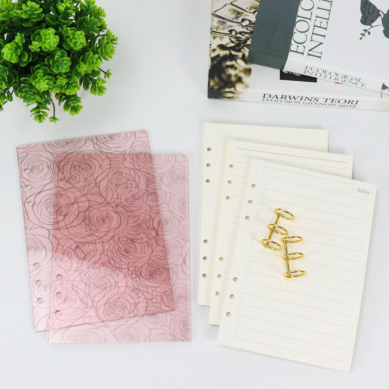 MultiBey A5 Binder 6-Ring Frosted Acrylic Binder Notebook Cover, Gold Metal Round Ring with 45 Sheets Lined Inner Papers, A5 Planner Budget Binder (Pink Rose) - Image 5