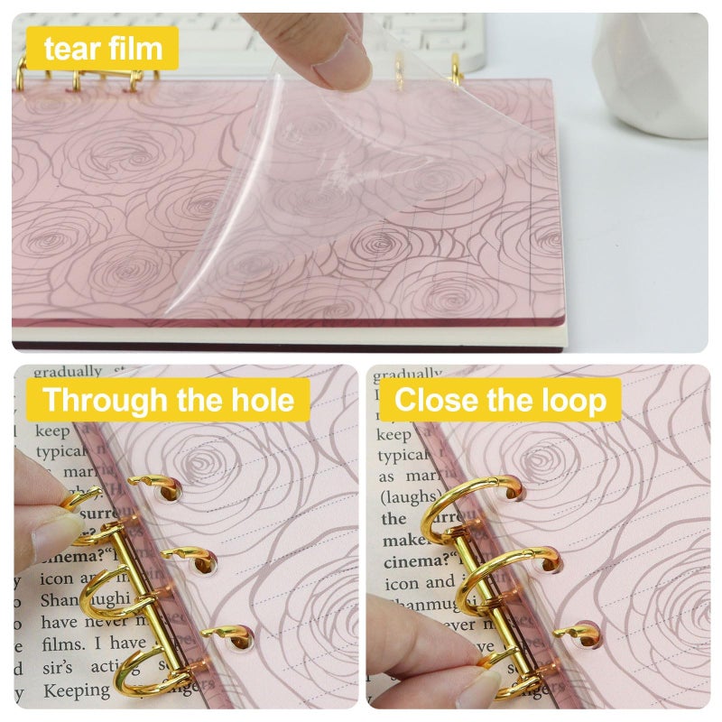 MultiBey A5 Binder 6-Ring Frosted Acrylic Binder Notebook Cover, Gold Metal Round Ring with 45 Sheets Lined Inner Papers, A5 Planner Budget Binder (Pink Rose) - Image 2