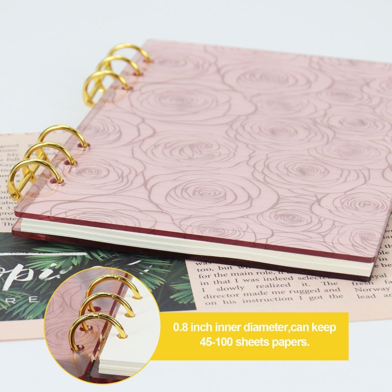 MultiBey A5 Binder 6-Ring Frosted Acrylic Binder Notebook Cover, Gold Metal Round Ring with 45 Sheets Lined Inner Papers, A5 Planner Budget Binder (Pink Rose) - Image 4