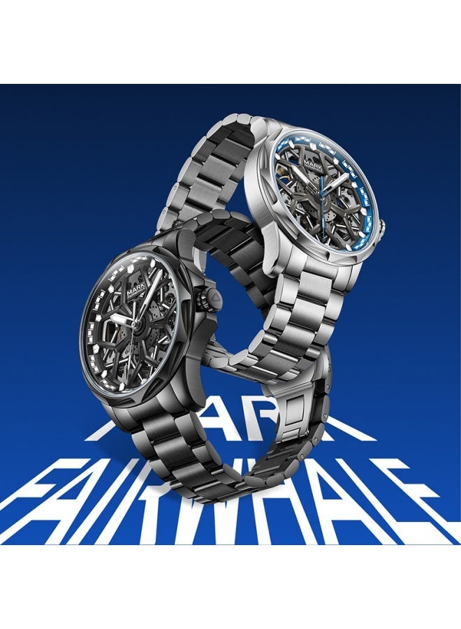 مارك وارفيلد الرجل الجديد ساعة مارك فيرويل الرجالية الأوتوماتيكية المفتوحة الشهيرة - مقاومة للماء، مضيئة، علبة فضية مع قرص أسود وسوار فولاذ فضي - Image 2