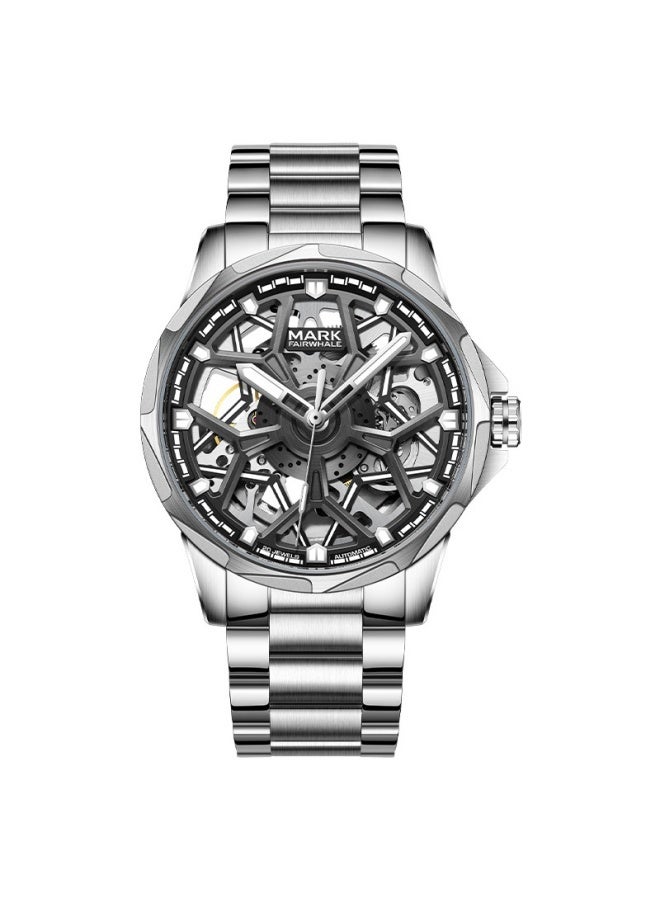 مارك وارفيلد الرجل الجديد ساعة مارك فيرويل الرجالية الأوتوماتيكية المفتوحة الشهيرة - مقاومة للماء، مضيئة، علبة فضية مع قرص أسود وسوار فولاذ فضي - Image 1