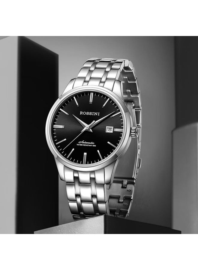 Rossini Men's Mechanical Watch, New Year Gift, Business Casual Style With Black Dial And Steel Strap, Model 525701